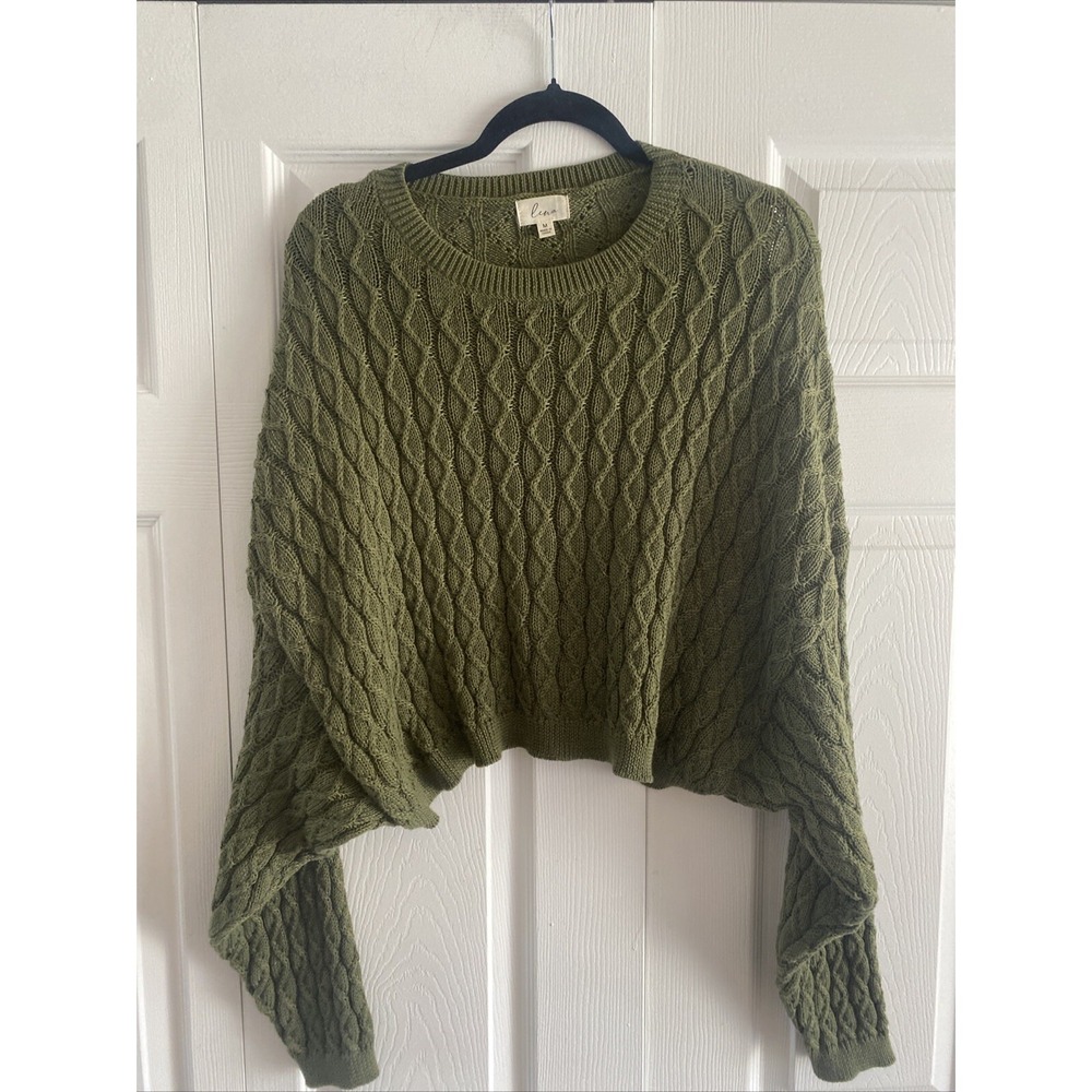 Lena Cropped Cable Knit Sweater Womens Size M Olive Green Dolman Boho Earthy